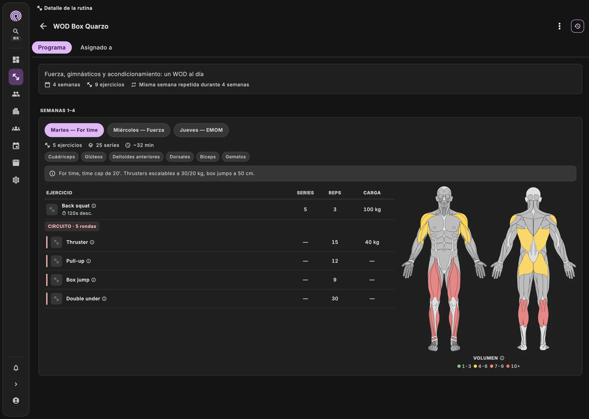 Editor del WOD del día con movimientos, cargas y tiempos